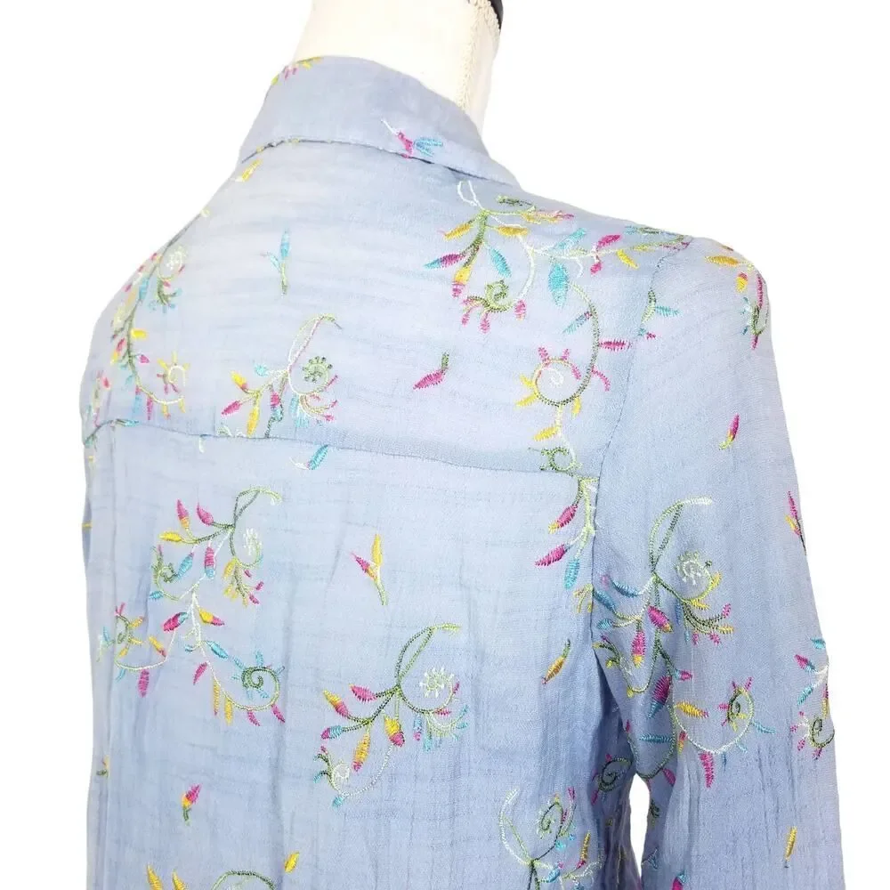 Hope Springs Floral Embroidery Twist Front Button Down Shirt Blue Size Medium - Picture 4 of 6